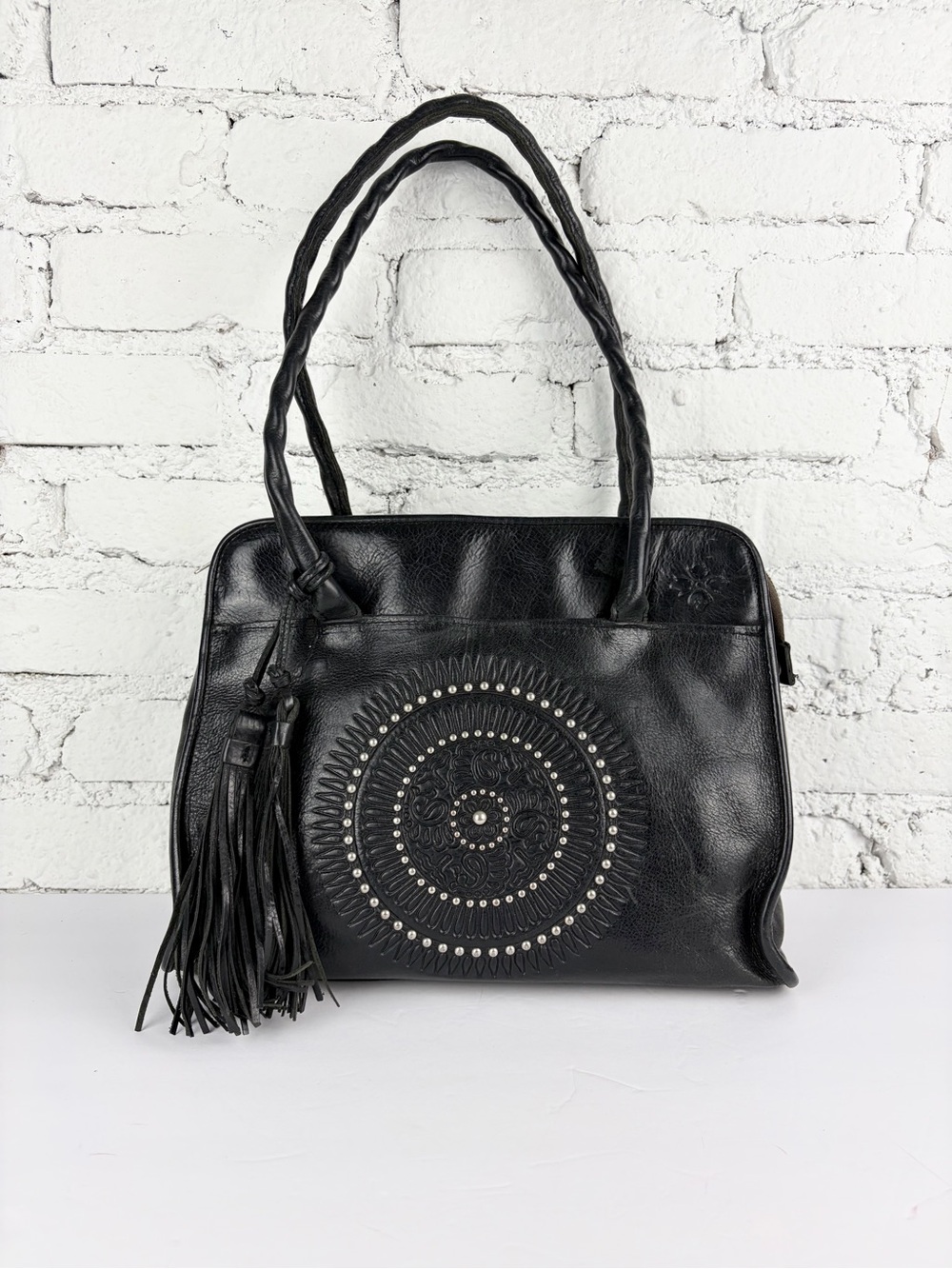 Patricia Nash Paris Tooled Mandala Black Leather Satchel Tote Bag